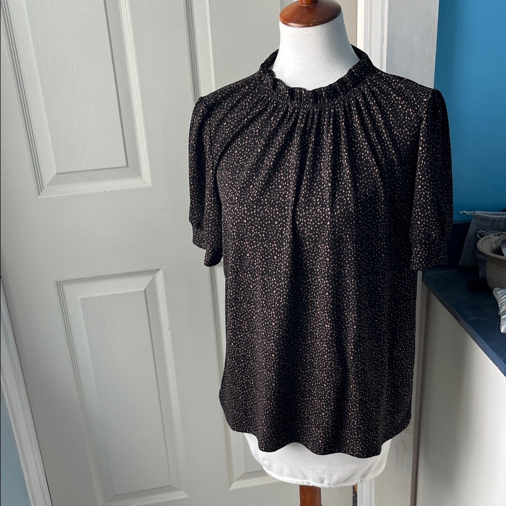 Adrianna Papell Black Blouse with Subtle tan  Dots